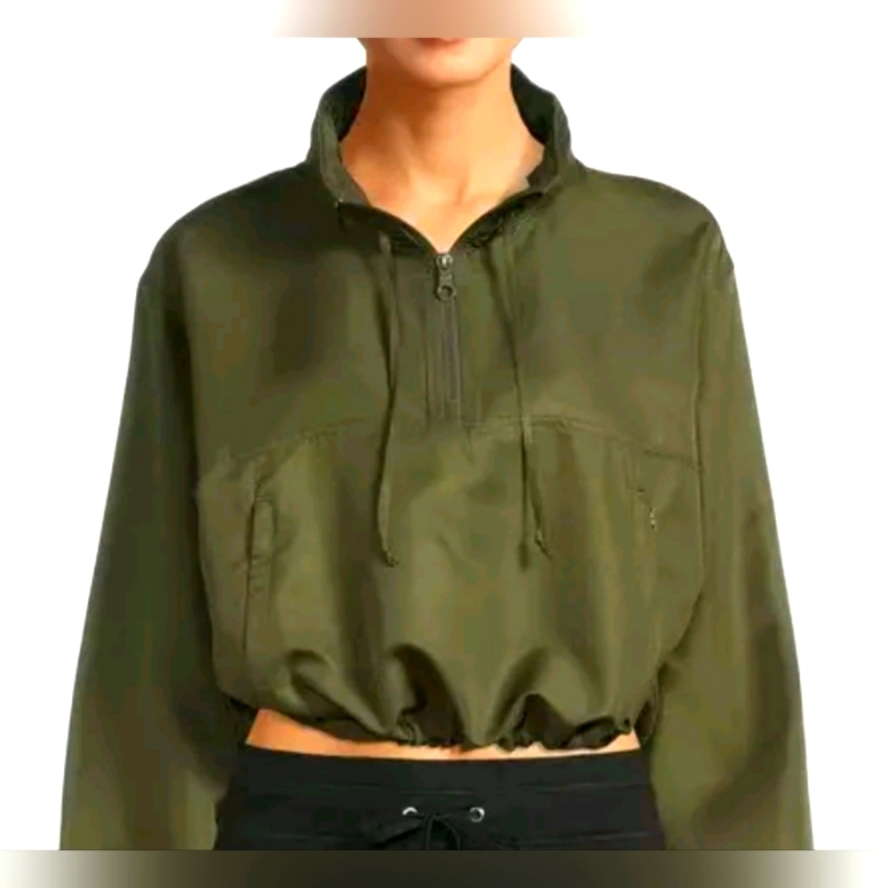 AVIA CROPPED WOMENS PULLOVER WINDBREAKER OLIVE GREEN HOODIE- SIZE MEDIUM